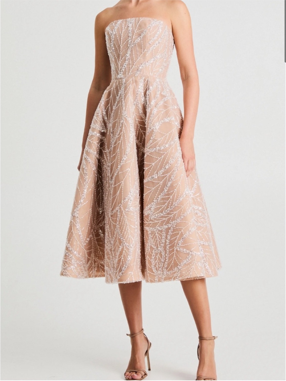 Strapless Embroidered Midi Dress in Nude